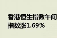 香港恒生指数午间休盘涨0.82%，恒生科技指数涨1.69%