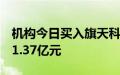 机构今日买入旗天科技等9股，抛售中国广核1.37亿元