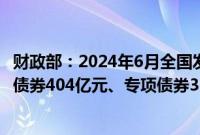 财政部：2024年6月全国发行新增债券3731亿元，其中一般债券404亿元、专项债券3327亿