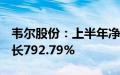 韦尔股份：上半年净利润13.67亿元，同比增长792.79%